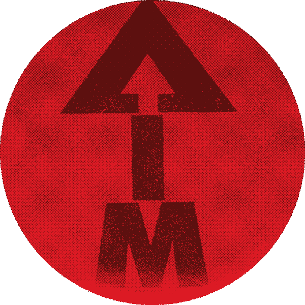Early AIM logo or button, maroon on bright red