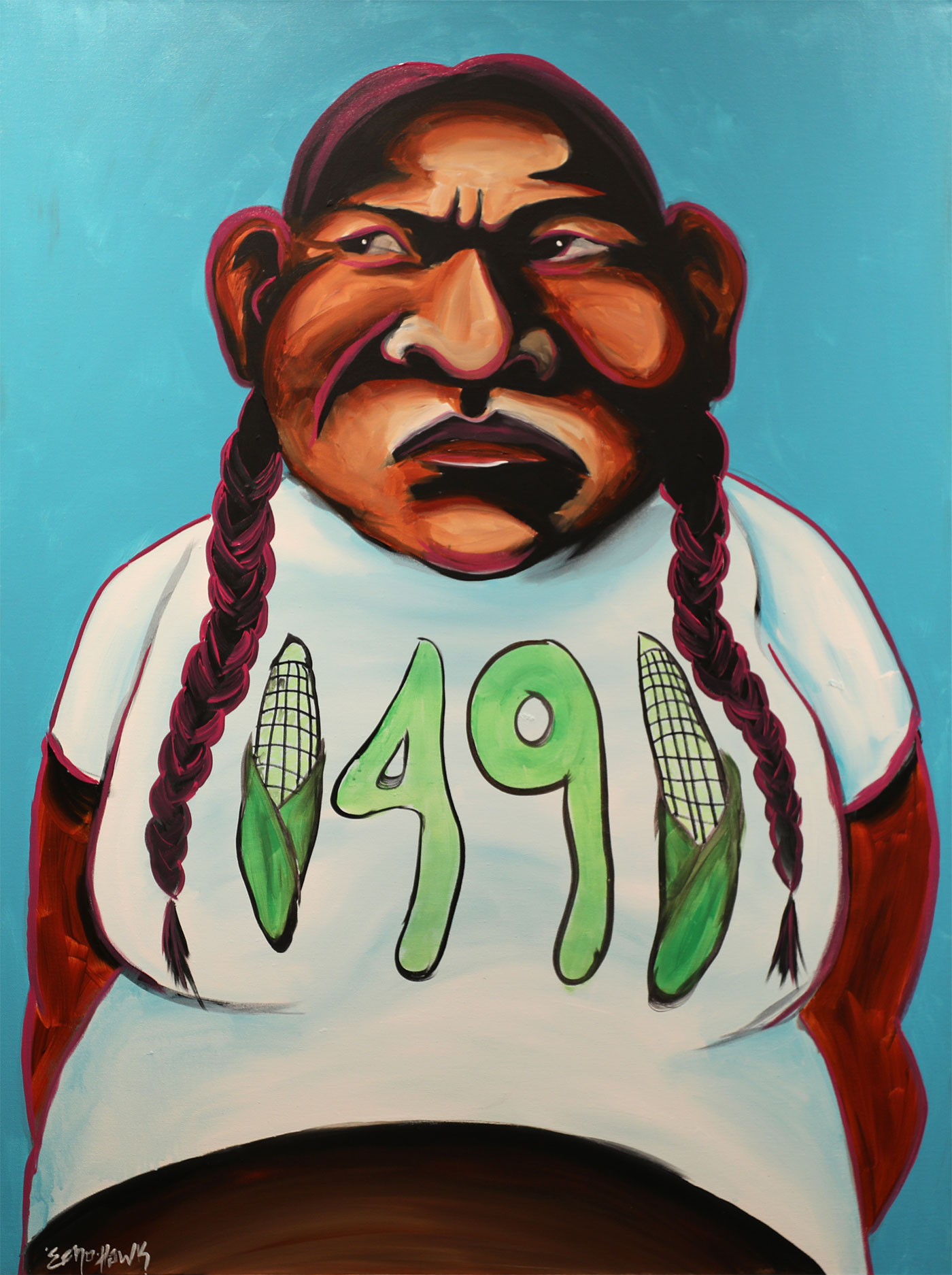 Overweight Native American man with braids gazes to his proper right on a blue background. Man is wearing a white t-shirt with two corn stalks on either side of the numbers '4' and '9' (to create '1491'). The t-shirt logo is painted in shades of green.