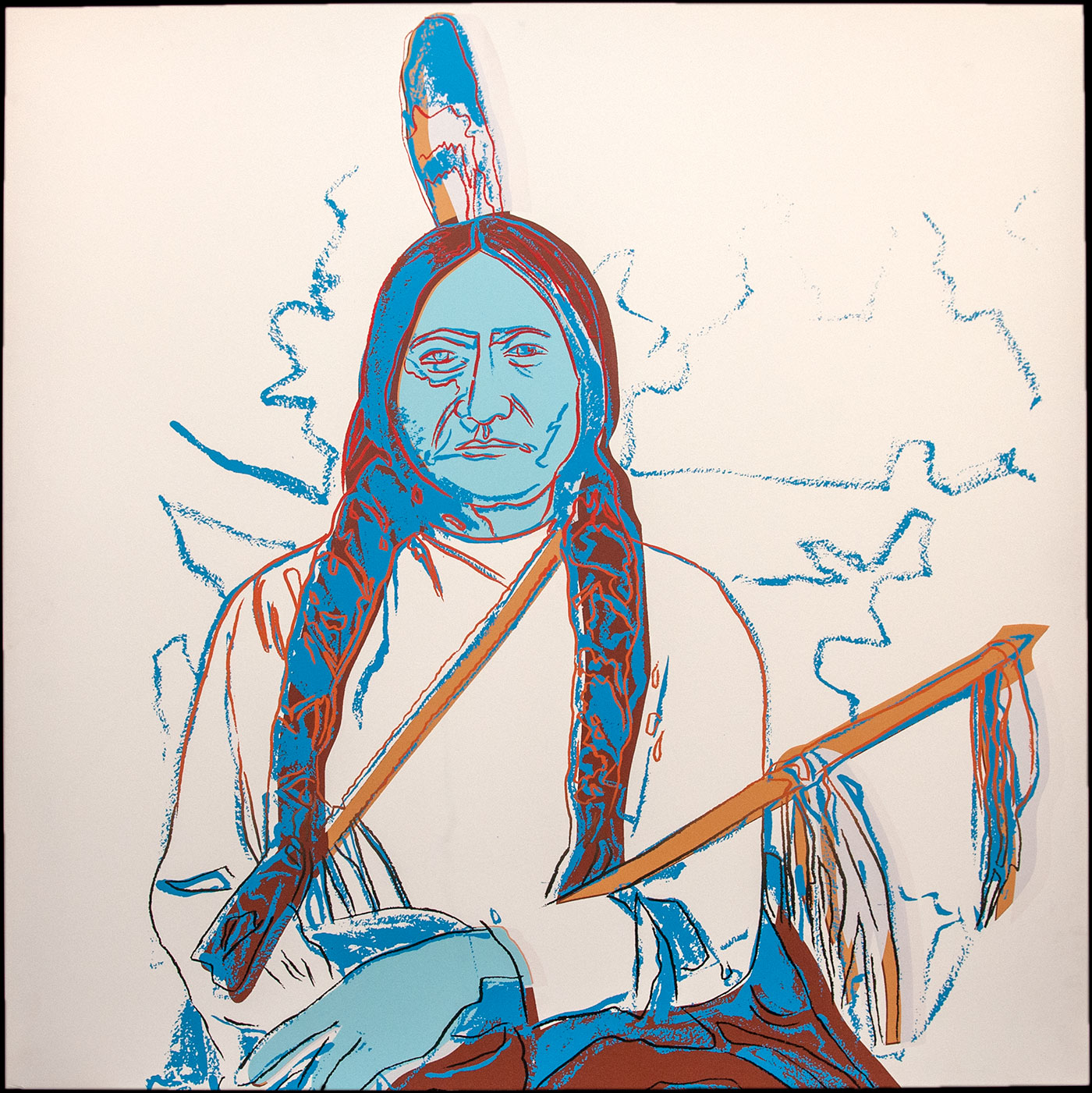 Seated half-length portrait of Sitting Bull printed in blue, burnt-orange/red, and yellow gold. Subject has two long braids and upright feather in hair with arms crossed across his lap cradling a slender staff with feathers tied to it in the crook of his proper left arm. Sitting Bull appears on an almost completely white background except for blue lines vaguely suggesting foliage.