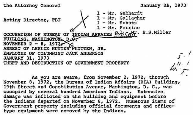 January 31, 1973 memo to the Acting Director of the FBI claiming theft and destruction of government property during the November 2 – 8, 1972 takeover of the Bureau of Indian Affairs building.