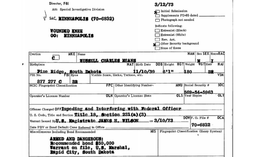 March 12, 1973 FBI Warrant for Russell Charles Means for impeding and interfering with Federal Officer at Wounded Knee.