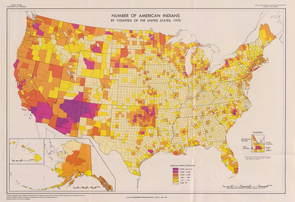 Color map of ”NUMBER OF AMERICAN INDIANS BY COUNTIES OF THE UNITED STATES, 1970”.
