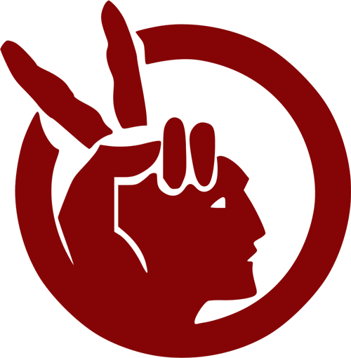 Graphic extracted from the AIM Flag: maroon: cut out/stencil representation of human face with fingers in place of headdress - suggests a peace sign.