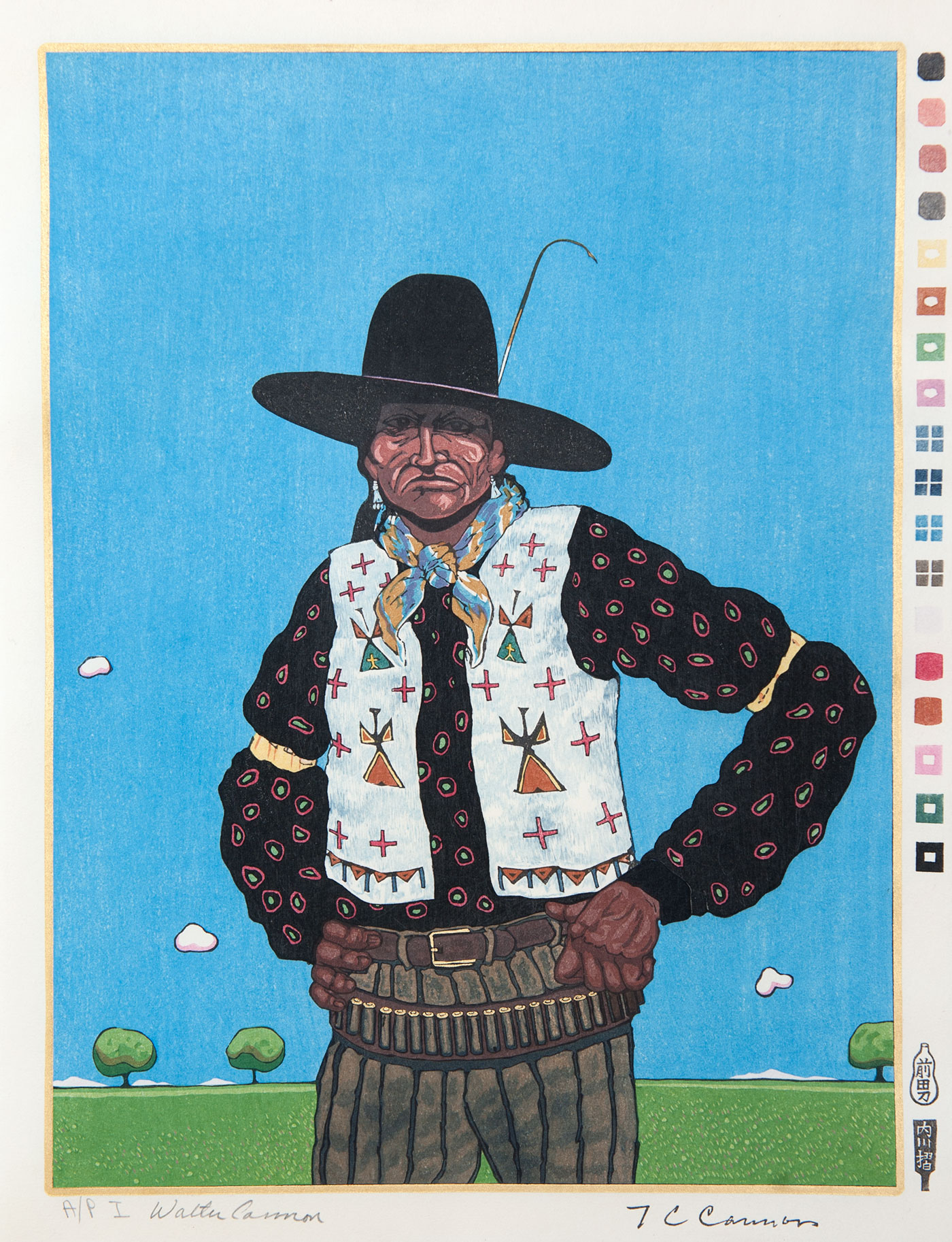 Three-quarter portrait of a Native American man wearing a black hat with a piece of straw on the proper left side. Subject wears silver, dangling earrings, a blue and yellow scarf, a white vest with red crosses and a teepee motif, a black shirt with green polka dots surrounded by red rings, yellow armbands, green striped pants with stripes, a leather belt and a belt of bullets. He stands against a blue sky with small white clouds in a green flat landscape with three trees on the horizon.