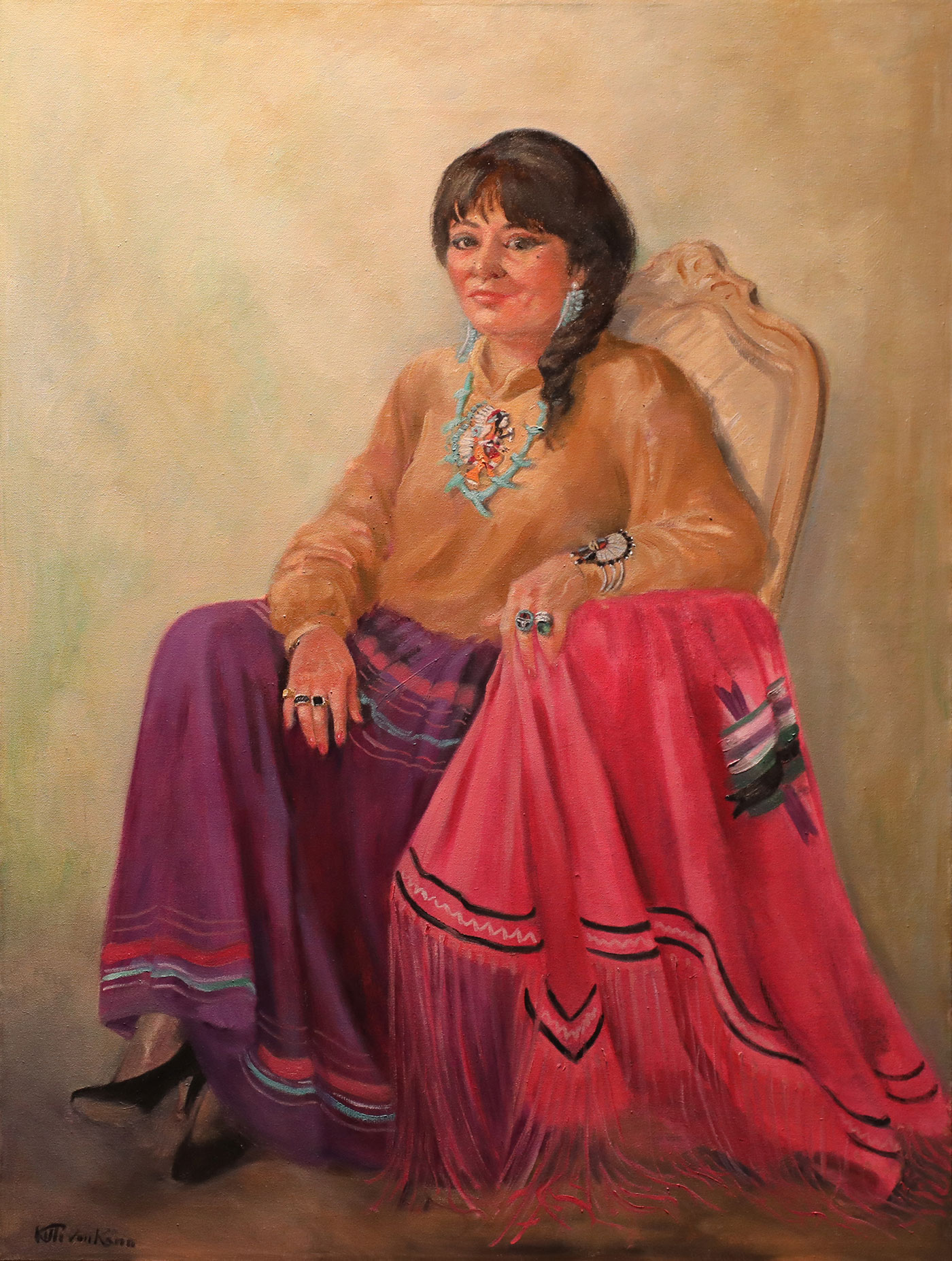 Painted full length seated portrait of Thomasina E. Jordan. Subject is sitting in an ornate armchair on a graduated background of yellows, browns, purples, and greens. Jordan wears Native-inspired clothing consisting of a tan/yellow long sleeve, collared shirt with a native dancing figure below the center of the collar, and a purple skirt with light purple, pink and blue horizontal stripes around the waist and hem. Subject is also wearing turquoise earrings and necklace, three rings on her proper right hand, two on her proper left hand, as well as a bracelet/cuff on her proper left wrist. A pink woven blanket with a long fringe is draped across the arm of the proper left arm of the chair facing the viewer. Blanket has a purple, teal, black, and white design at the center and a black and white border around the edge of the blanket.