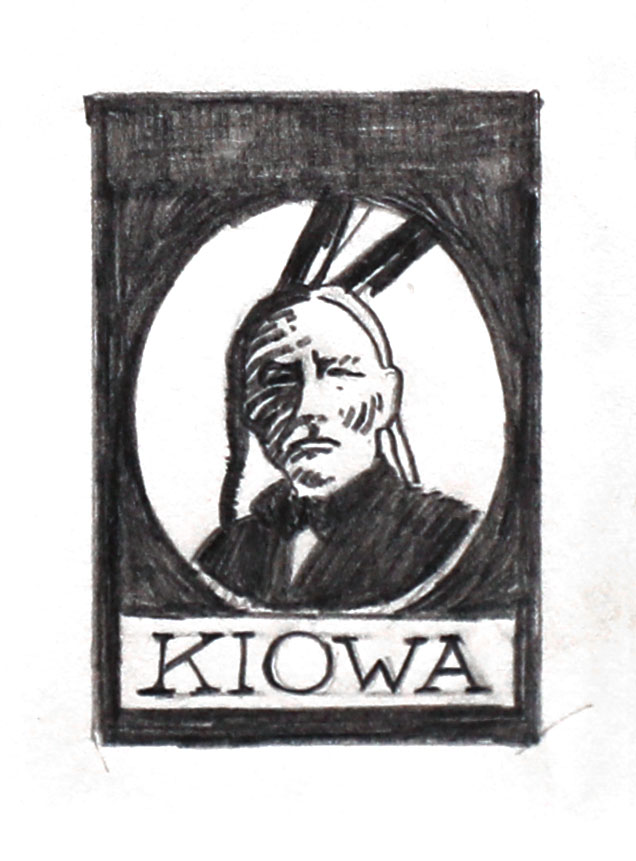 Pencil drawing showing a rectangle with vignette containing a head and shoulders drawing of a Native American with braided hair, two vertical feathers at the back of the head. The figure is wearing a bow tie and suit. The word 'KIOWA' is written across the bottom.