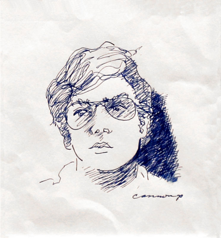 Blue ink self-portrait of the artist drawn in 1970. Composition shows his head and neck with his short hair parted to the side. Artist is wearing aviator-style glasses, popular in the 1970s and is looking to the left of the viewer.