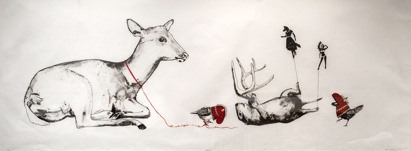 Black, gray, pink and red print depicting a seated deer at left with red string around its neck that unfurls toward the bottom center of composition where a red masked bird is tangled in the other end of string. A prairie dog rests on its back to the right of the deer and bird holding antlers up in front paws while back paws hold two female silhouettes (proper left paw holds a coyote in a dress, proper right holds a bikini clad female with a Native American headdress). Another red masked bird stands just right of the prairie dog.