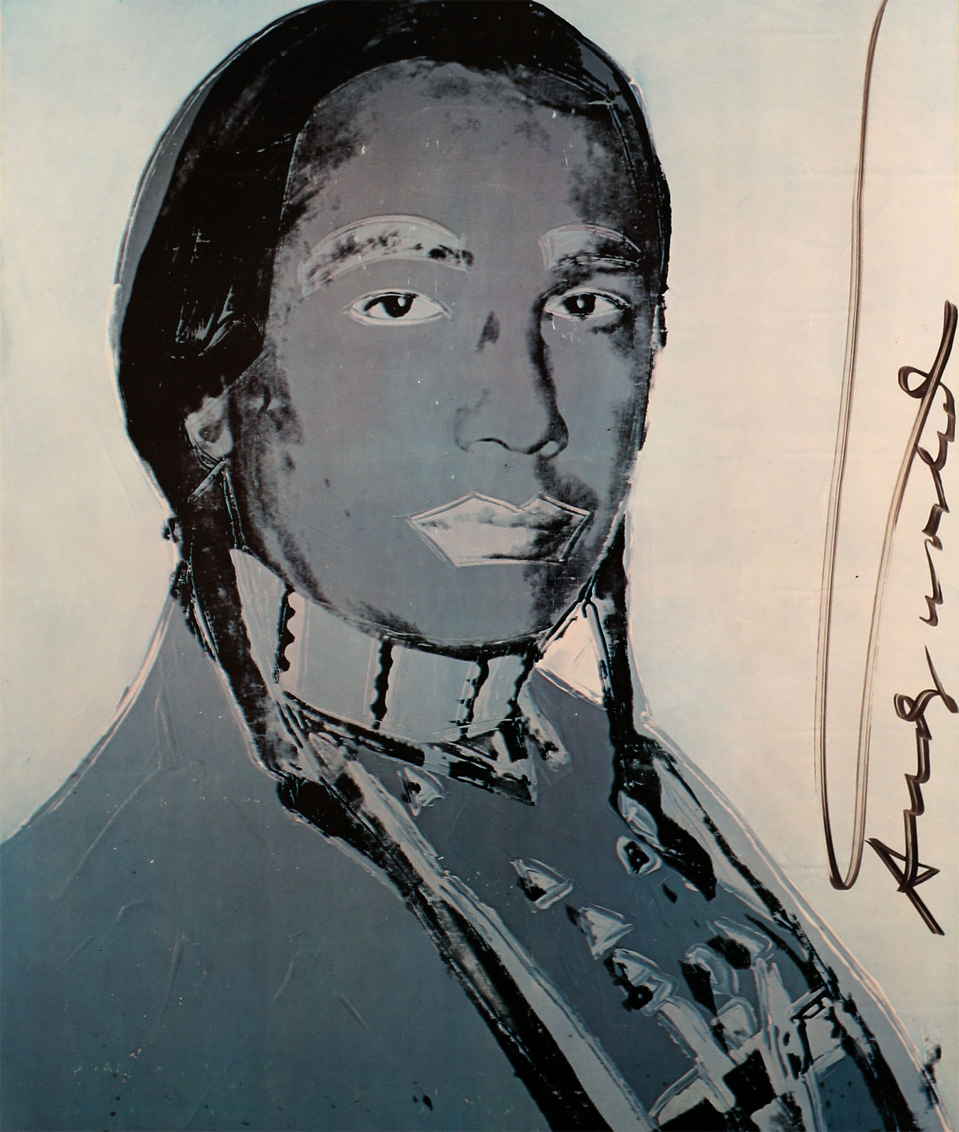 Offset lithograph of a three quarter shoulders and face portrait of Russell Means in shades of blue and black. Means looks out at the viewer with his hair parted and braided. He is wearing native attire. Andy Warhol’s signature is written in sharpie vertically along the left edge of the image.