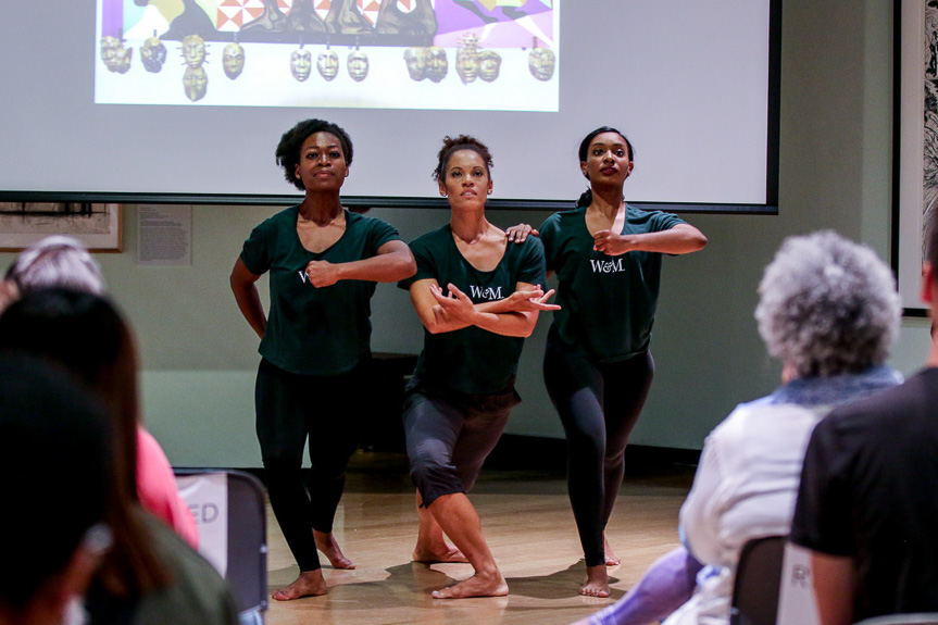 On Saturday, September 2, 2017 the Leah Glenn Dance Theatre performed at the Muscarelle Museum of Art as part of the 50th Anniversary of African Americans in Residence at the College of William & Mary. The performance incorporated dance, music, art, and poetry readings by Dr. Hermine Pinson. (Skip Rowland '83)