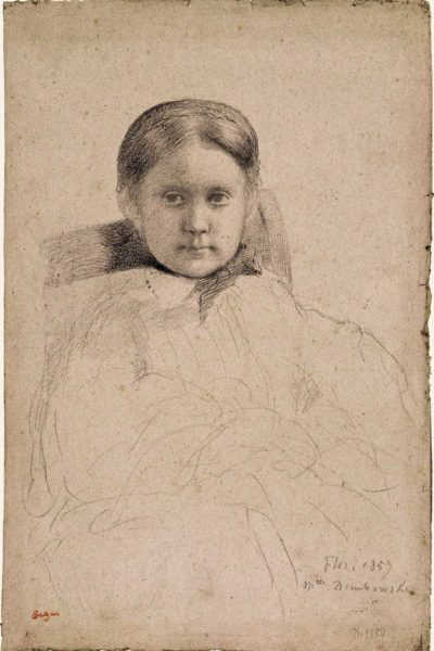 EDGAR DEGAS | Madamoiselle Dembowska, circa 1858 - 1859 | Black crayon drawing on plum colored paper