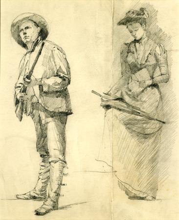 Studies of a man with gun and a woman with a parasol