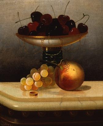 Still life with cherries, peach and grapes