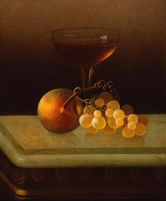 Still life with wine, peach and grapes