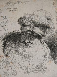 Old man with additional sketches of a profile of a head, a pair of hands, and a horse’s head